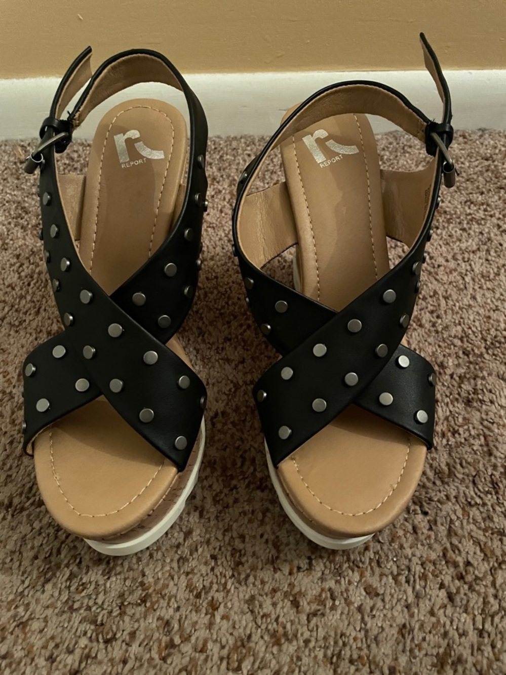 Report Black Studded Cross-Strap Wedge Sandals